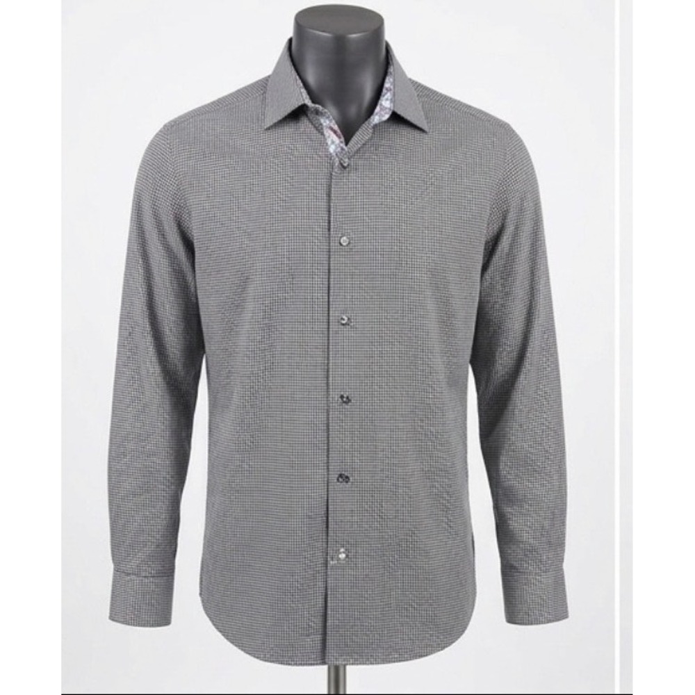 Robert Graham Shirt Mens M 15.5 Black White Houndstooth Paisley Flip Cuff Cotton